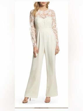 Eliza J White Creme Wide-Leg Lace Embroidered Jumpsuit